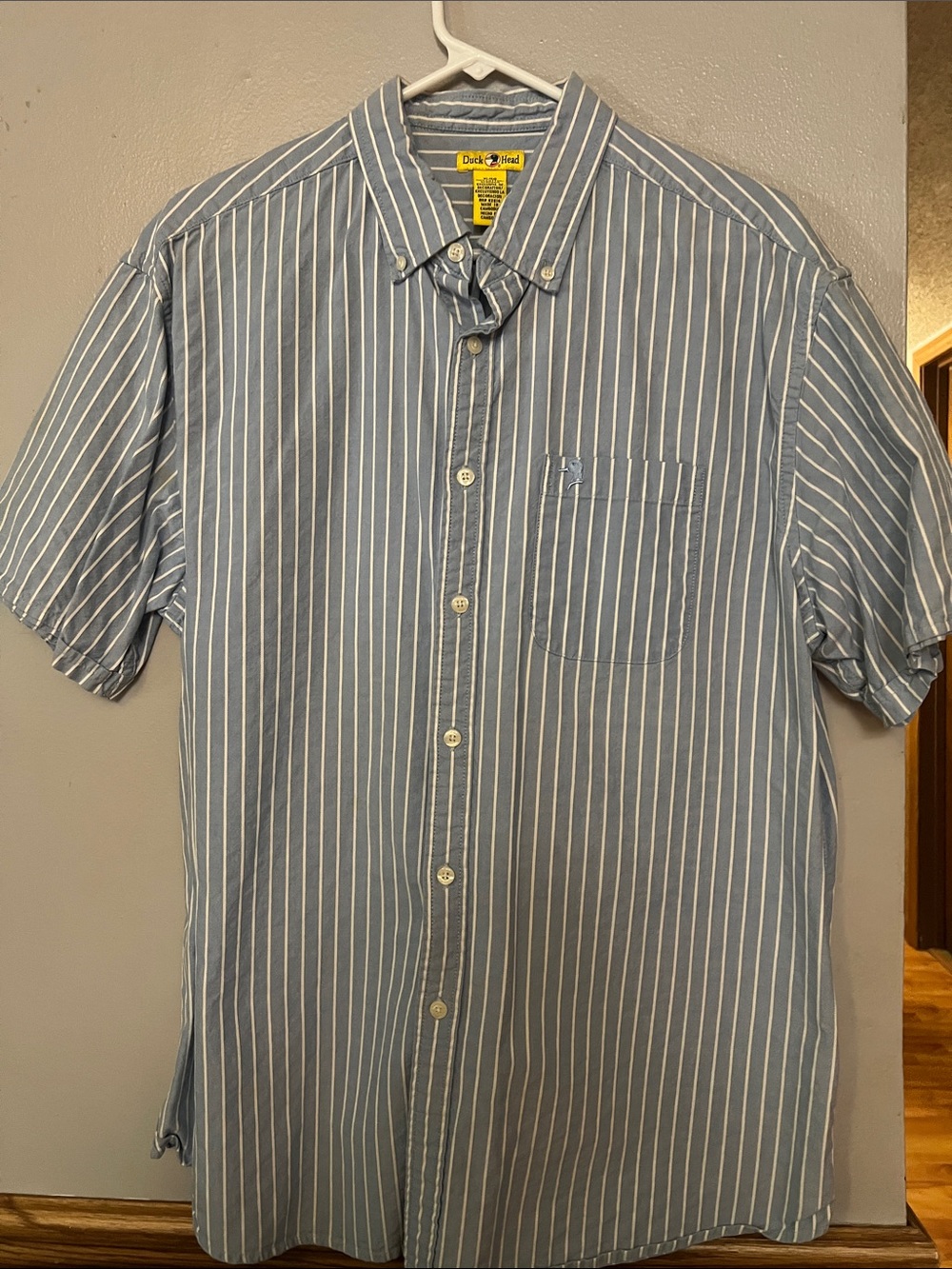 Duck Head Men’s Light Blue and White Striped Short-Sleeve Button-Down Shirt